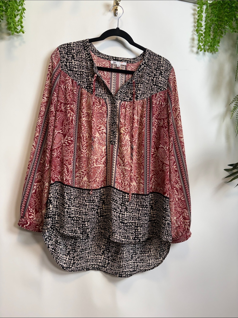 DR2 Red & Black Mixed Print Peasant Blouse
